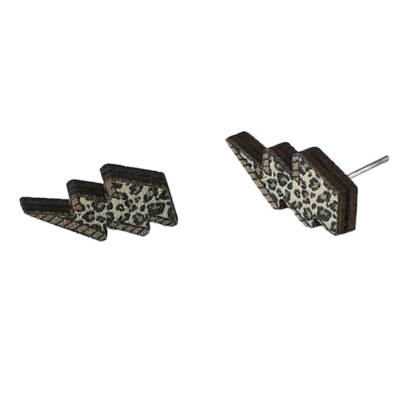 Lightning Bolt Stud Wooden Earrings Leopard Pattern - Picture 2 of 3